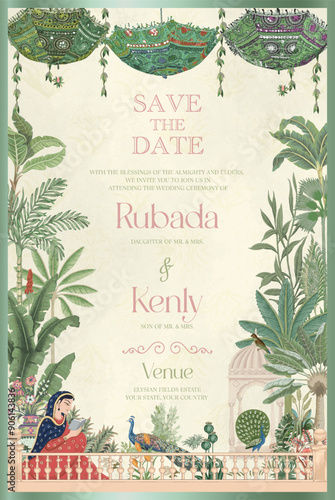 Indian Mughal Wedding Invitation Card Design. Rajasthani colorful green parasol hanging on top, tropical tree, peacock, arch, fence vector illustration.