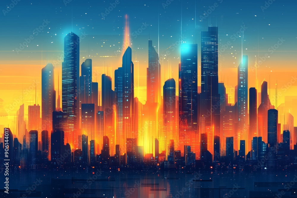 Futuristic cityscape bathed in the vibrant hues of a setting sun. The skyline is dominated by towering skyscrapers with sleek, modern designs, illuminated by the warm orange and yellow glow of the sun Futuristic cityscape bathed in the vibrant hues of a setting sun. The skyline is dominated by towering skyscrapers with sleek, modern designs, illuminated by the warm orange and yellow glow of the sun
