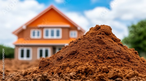 A freshly dug mound of soil in the foreground with a modern house in the background under a blue sky, symbolizing construction. photo