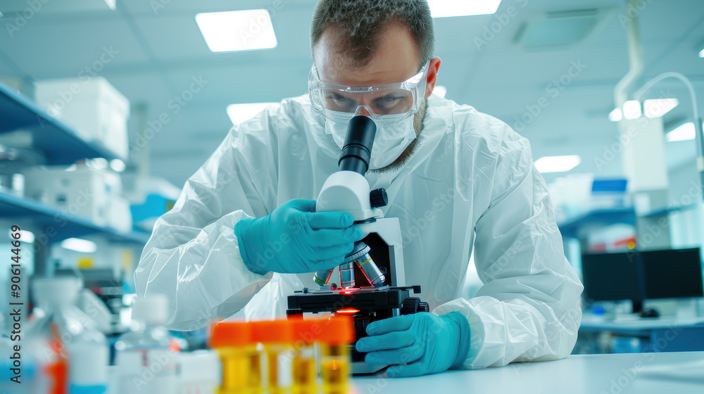 A scientist examines samples under a microscope in a modern laboratory, wearing protective gear and focused on research. A scientist examines samples under a microscope in a modern laboratory, wearing protective gear and focused on research.