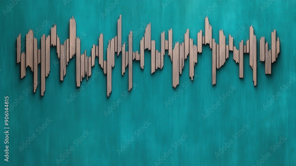 A modern wooden sound wave artwork against a vibrant turquoise background, perfect for music-themed decor. A modern wooden sound wave artwork against a vibrant turquoise background, perfect for music-themed decor.