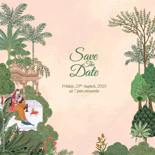 Mughal Wedding Invitation Card square shape. Invitation card for various wedding functions vector illustration.