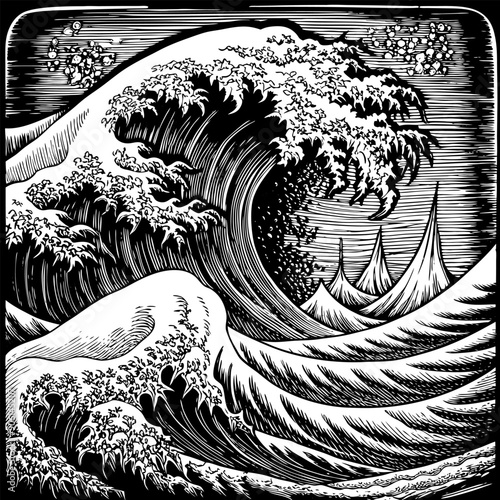 A black and white drawing of a wave crashing on a rocky shore