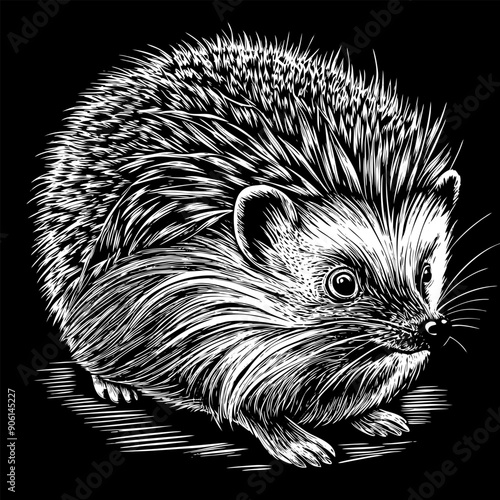 A black and white drawing of a hedgehog
