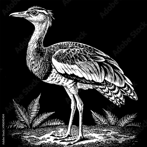 A black and white drawing of a bird with a long neck