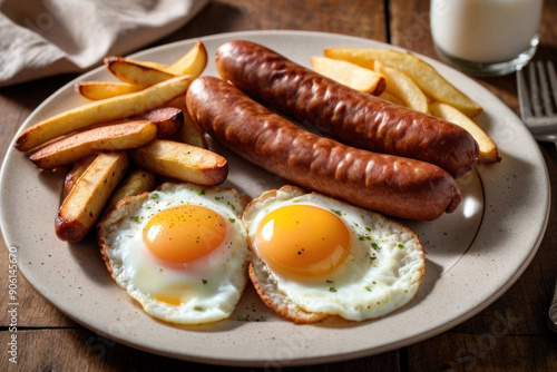 Roast sausage, fried egg and grilled potatoes, generated by artificial intelligence