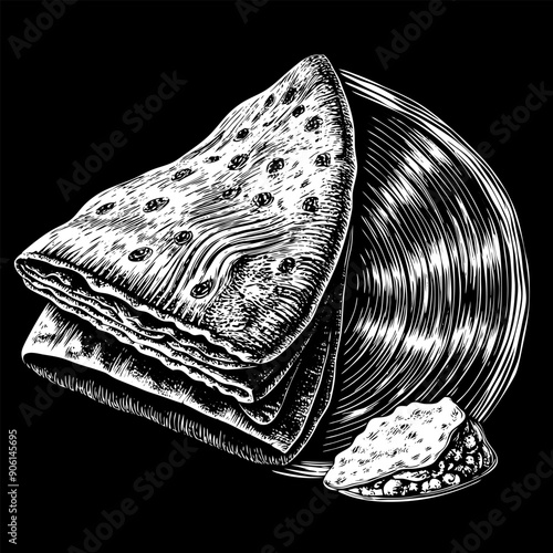 A drawing of a tortilla wrap with a piece of cheese on top