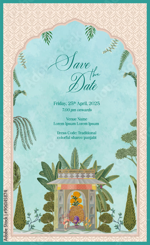 Decorative frame with a garden scene Mughal wedding invitation card design, featuring plants, an Indian-style gazebo, tropical trees, a peacock, and watercolor background   