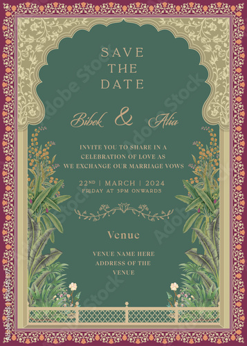 Indian Mughal Wedding Invitation Card Design. Rajasthani arch design invitation card. Save the date deep green wedding card for printing vector illustration.