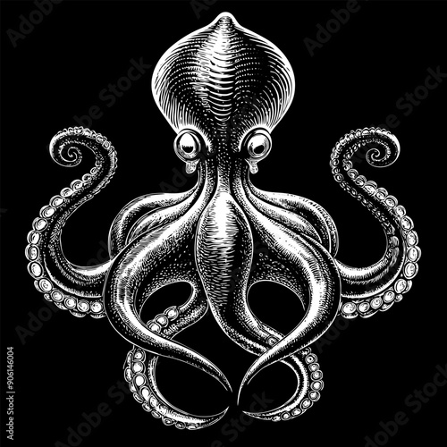 A black and white drawing of an octopus with a large eye and a small mouth