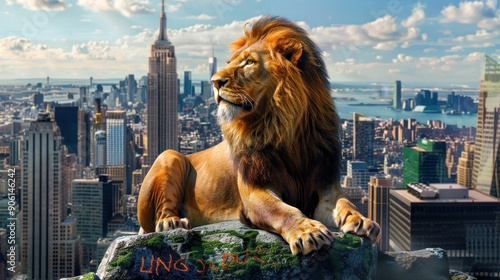 Majestic lion perched majestically above the city skyline, embodying strength and beauty against an urban backdrop.