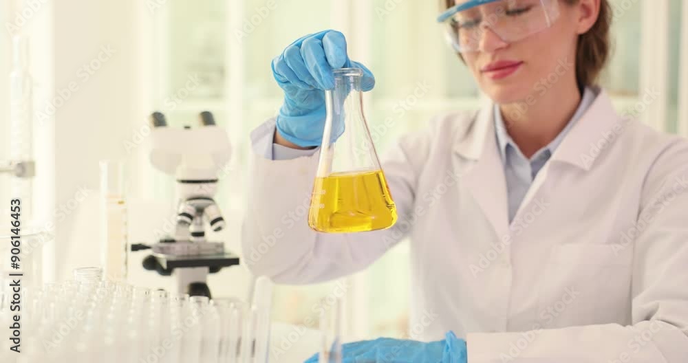 Female researcher focuses on stirring liquid in flask. Woman manages controlled conditions to facilitate accurate scientific observations Female researcher focuses on stirring liquid in flask. Woman manages controlled conditions to facilitate accurate scientific observations