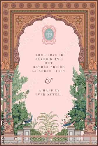 Traditional Indian Mughal arch-style wedding invitation card design. Invitation card for printing vector illustration.