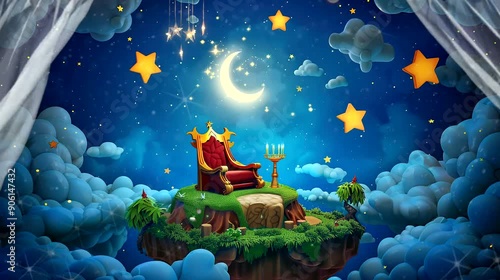 A magical night sky with a floating island, a throne, a crescent moon and stars. Seamless loop video background