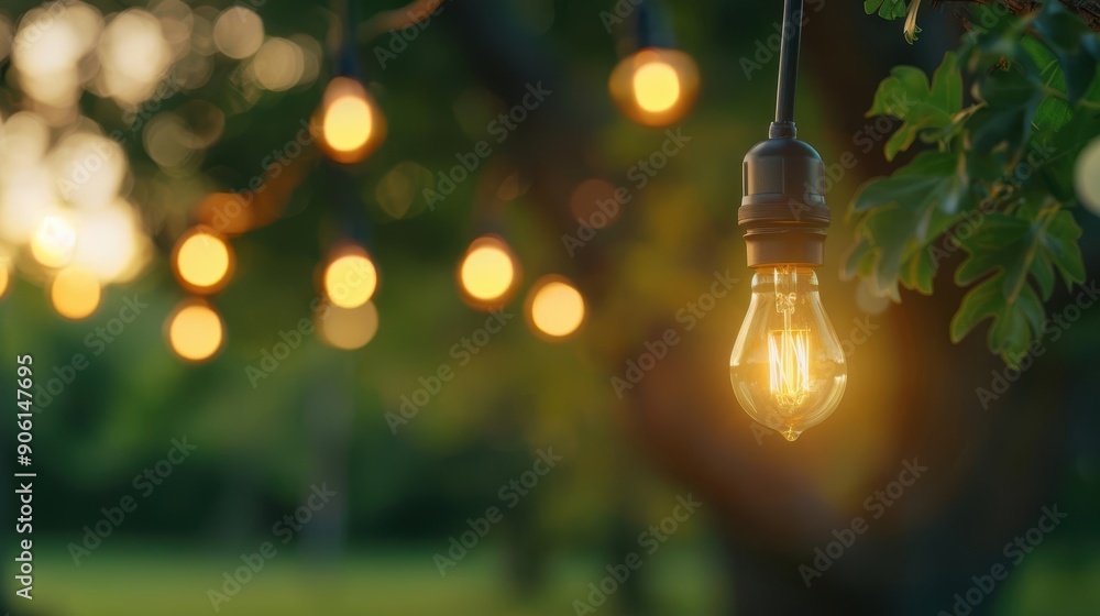 String of warm, glowing lights hanging from tree branches in a garden. String of warm, glowing lights hanging from tree branches in a garden.