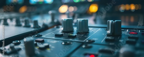 Close-up of control knobs on a professional audio mixing console.