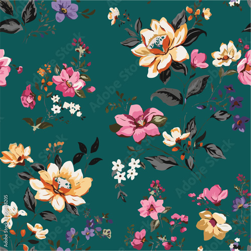 Big flowers pattern, upscale floral pattern. graphical textures floral, trendy colors pattern , flowers background with leaves. vector illustration.