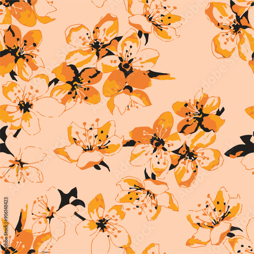 Big flowers pattern, upscale floral pattern. graphical textures floral, trendy colors pattern , flowers background with leaves. vector illustration.