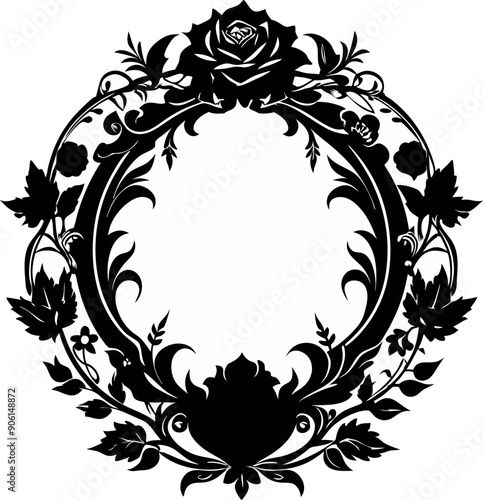 A black and white framed picture of a rose with a flowery border