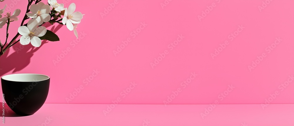 Fototapeta premium Minimalist Spring: White Flowers in a Black Vase on a Pink Background with Copy Space