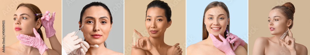 Collage of young women receiving filler injections in face Collage of young women receiving filler injections in face
