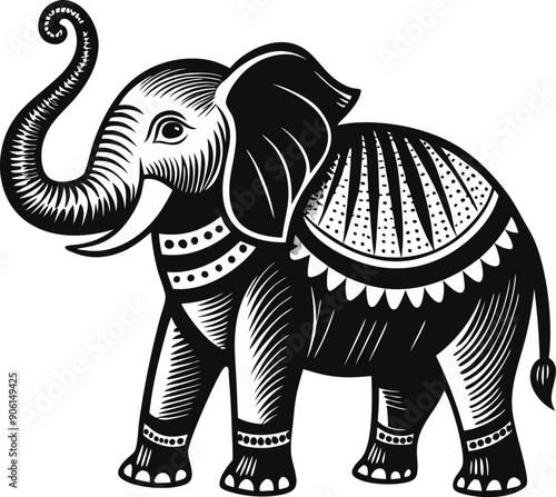 A black and white drawing of an elephant with a large trunk and a small head