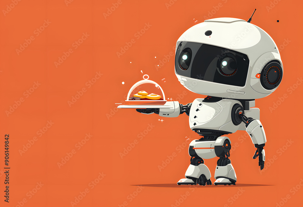 Fototapeta premium A futuristic illustration of a robot waiter holding a tray of delicious food under a cloche. The robot is designed with sleek, modern features and is set against a vibrant orange background.