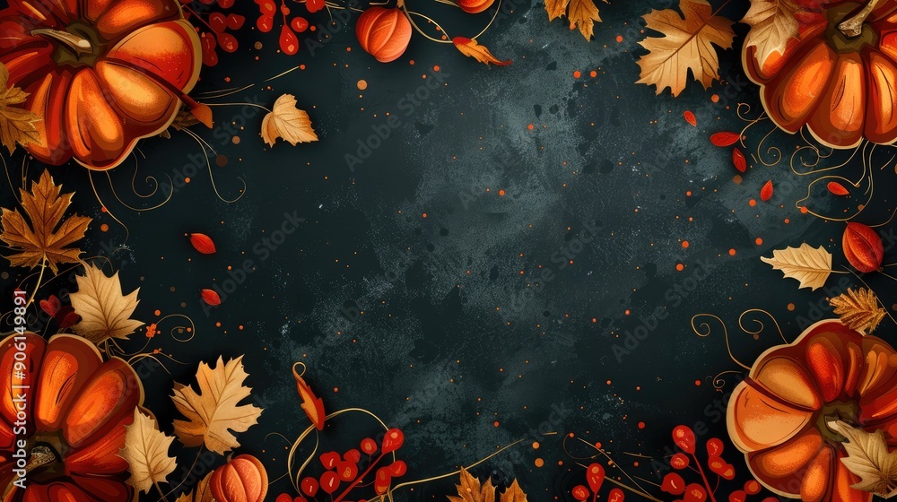 Fall pumpkins and leaves on dark backdrop with space for text Festive and welcoming design Fall pumpkins and leaves on dark backdrop with space for text Festive and welcoming design