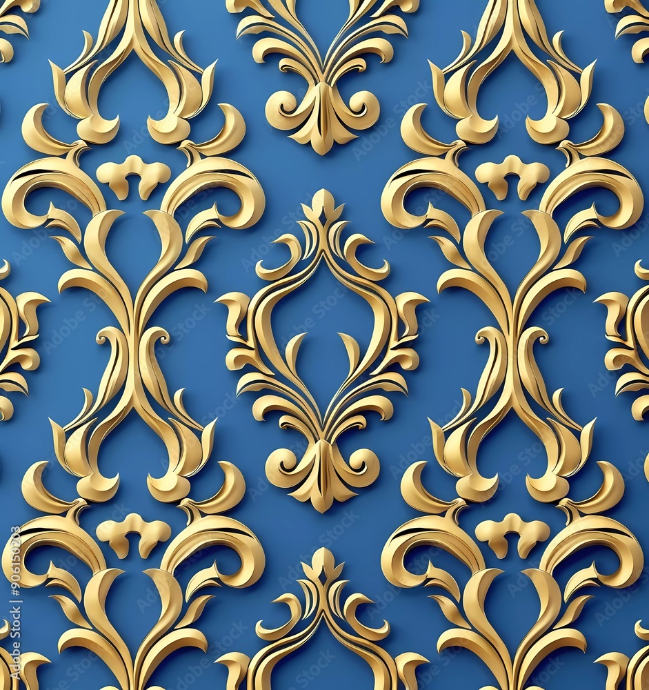 Seamless pattern with golden arabesque ornament on blue background, paper cut style Seamless pattern with golden arabesque ornament on blue background, paper cut style