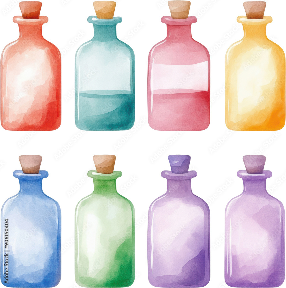 Vibrant Watercolor Potion Bottles Set Against A Dark Background Vibrant Watercolor Potion Bottles Set Against A Dark Background