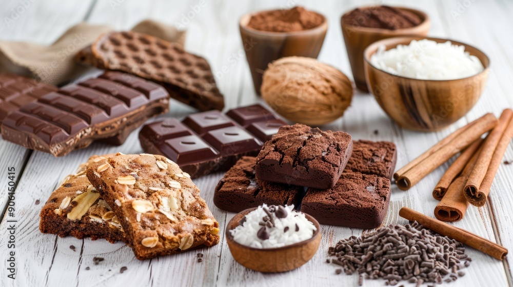Arrangement of chocolate cookies cinnamon rye bread and coconut on white wooden surface with brown towel in vertical image Arrangement of chocolate cookies cinnamon rye bread and coconut on white wooden surface with brown towel in vertical image