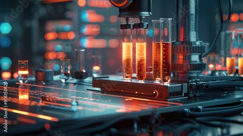 Medical research lab with glowing test tubes and digital charts