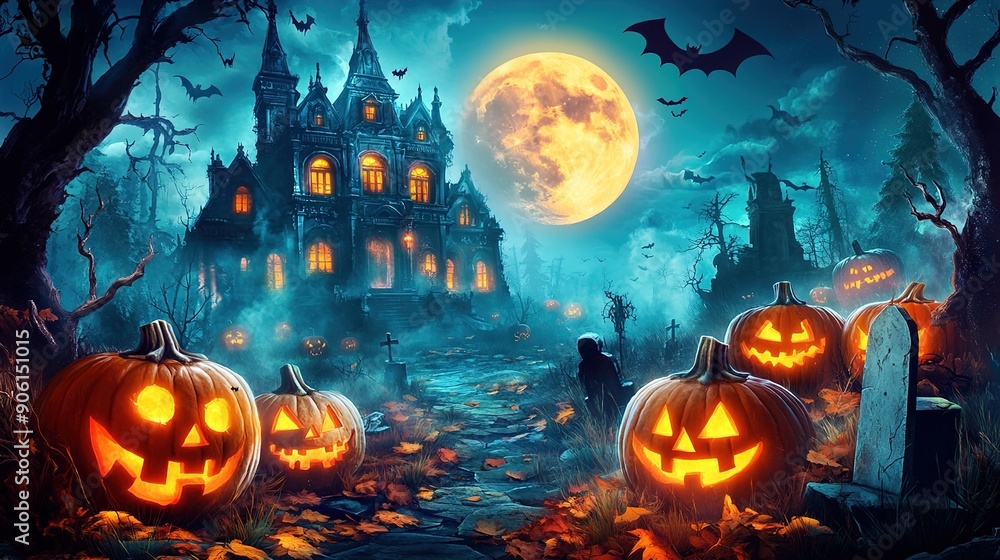 Fototapeta premium Happy Halloween banner or party invitation background with clouds, bats and pumpkins. Vector illustration. sky, spiders web.illustration.