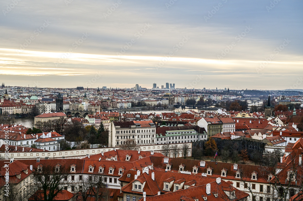 Fototapeta premium Panoramic view over the city of Prague from the Prague Metronome viewpoint with a panoramic view over the entire city and the Vltava River, Prague Czech Republic