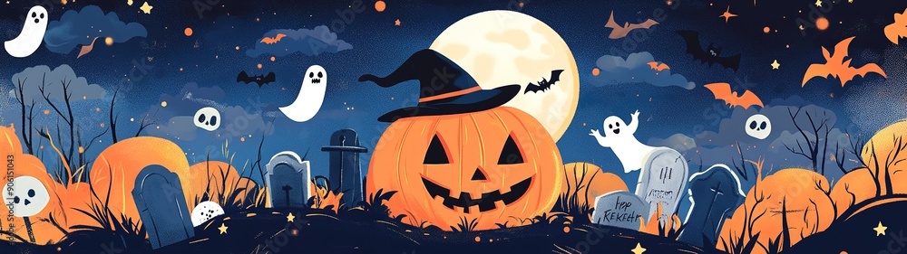 Happy Halloween banner or party invitation background with clouds, bats and pumpkins. Vector illustration. sky, spiders web.illustration. Happy Halloween banner or party invitation background with clouds, bats and pumpkins. Vector illustration. sky, spiders web.illustration.