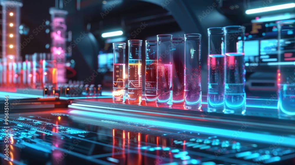 Medical research lab with glowing test tubes and digital charts Medical research lab with glowing test tubes and digital charts