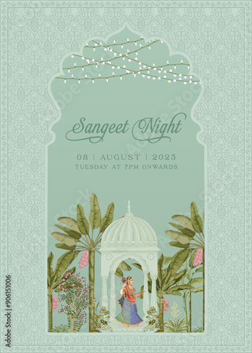 SMughal Wedding Invitation Card.  Mughal Sangeet night invitation card design for printing vector illustration.