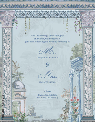 Roman Ancient theme wedding invitation card design for printing.