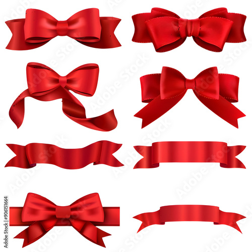 set of red and white bows white background,generative ai