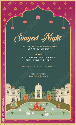 Traditional Indian Mughal-style sangeet night invitation card design for printing.