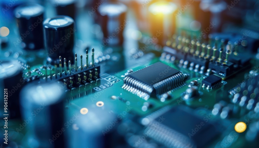 Close-up of a circuit board with microchips and electronic components. Close-up of a circuit board with microchips and electronic components.