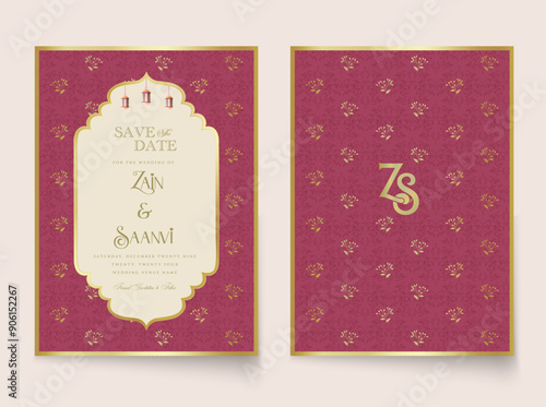 Wedding invitation card with a golden border and leaves. Mughal arch-shaped, medium ruby-colored invitation card for printing. vector illustration.