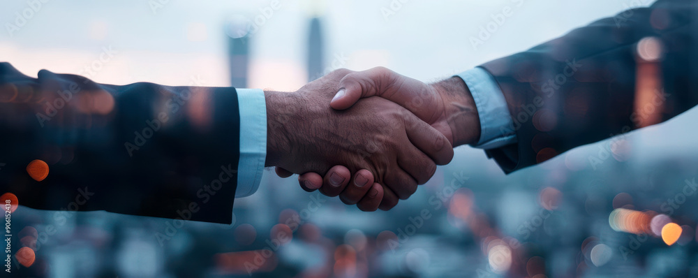 Highresolution double exposure of a businessman shaking hands with a city skyline in the background, symbolizing urban partnerships and growth