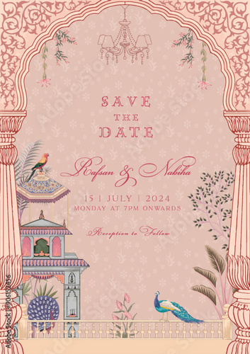 Traditional indian style Mughal wedding invitation card design. Save the date invitation card with decorative elements for printing vector illustration.