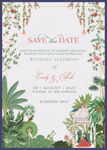 Traditional Indian Mughal Wedding Card Design. Save the date Invitation card for printing vector illustration.