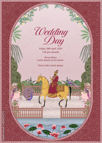 Traditional Indian Mughal Wedding Card Design. Invitation card for Wedding Day printing vector illustration.