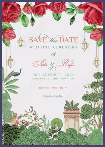 Traditional Indian Mughal wedding invitation card design. Save the date invitation card for printing vector illustration.