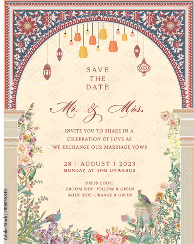 Wedding Invitation Card Design. Mughal arch with floral invitation card for printing vector illustration.