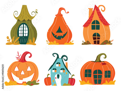 Pumpkin houses cartoon set, Halloween themed fantasy dwellings. Whimsical autumn festive pumpkin homes, fairy tale buildings vector design. Cute playful cottages windows, doors, leaves