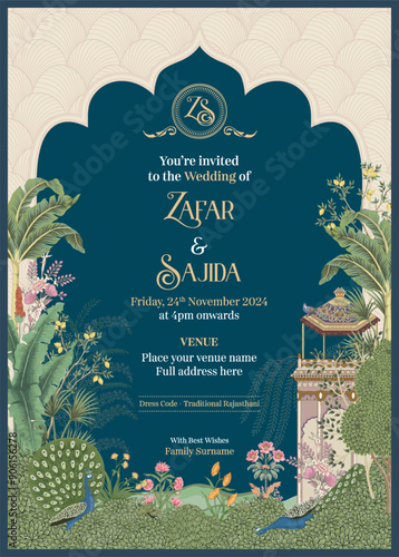 Indian Mughal theme-based wedding card design. Vector Illustration